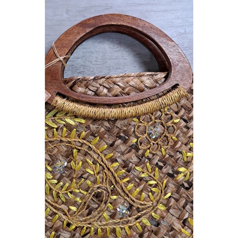 VTG Tommy Bahama Raffia Wooden Handbag Tote Embellished Beach Boho Sequin NWT - Picture 9 of 12